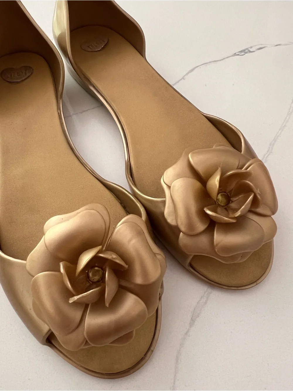 Mel by Melissa Jelly Flats Peep Toe With Flower Gold Size US 7 EU 38